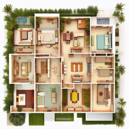 A 50'x65' house floor plan with 3 bedrooms, a living room, a drawing room, a kitchen with adjacent storage, a bathroom featuring a swimming pool, an indoor garden and courtyard, a servant's quarters, a mandir, and a two-car parking area.