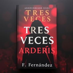 A captivating book cover for a suspense novel titled 'TRES VECES ARDERÁS' featuring an ominous silhouette of a woman against a dark, atmospheric background