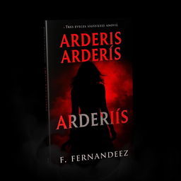 A captivating book cover for a suspense novel titled 'TRES VECES ARDERÁS' featuring an ominous silhouette of a woman against a dark, atmospheric background