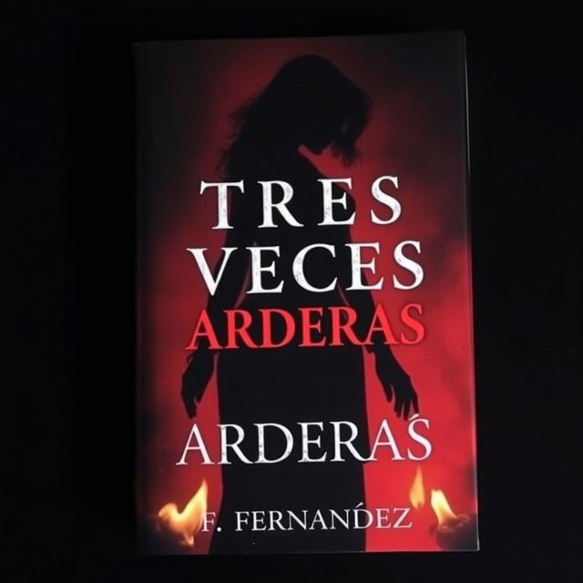 A captivating book cover for a suspense and death themed novel titled 'TRES VECES ARDERAS', authored by F