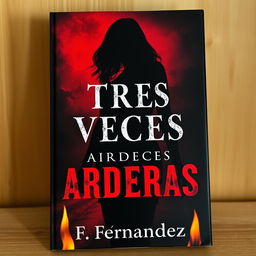A captivating book cover for a suspense and death themed novel titled 'TRES VECES ARDERAS', authored by F