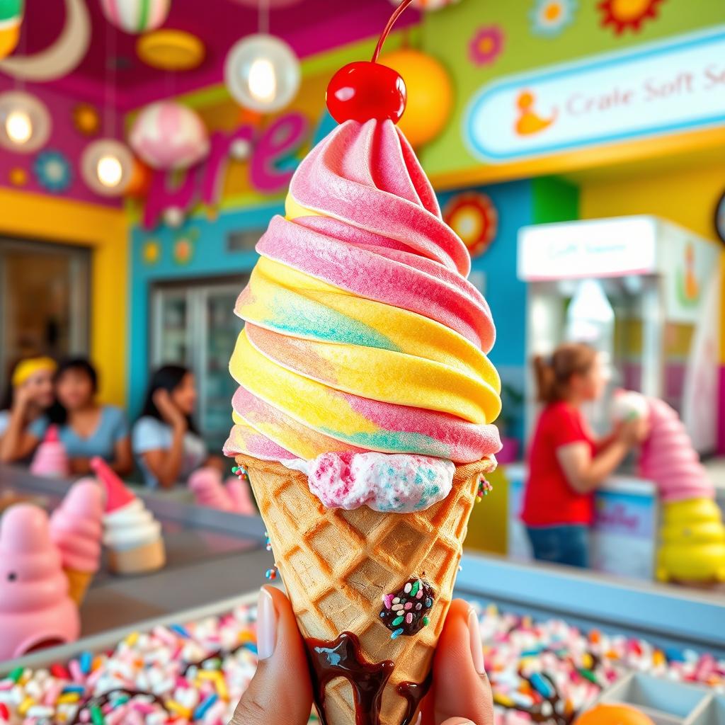 A whimsical, colorful ice cream shop overflowing with creatively shaped ice cream cones and various flavors