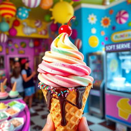 A whimsical, colorful ice cream shop overflowing with creatively shaped ice cream cones and various flavors