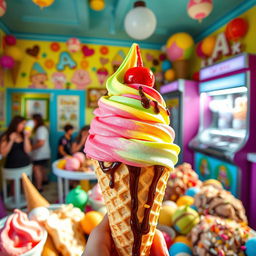 A whimsical, colorful ice cream shop overflowing with creatively shaped ice cream cones and various flavors