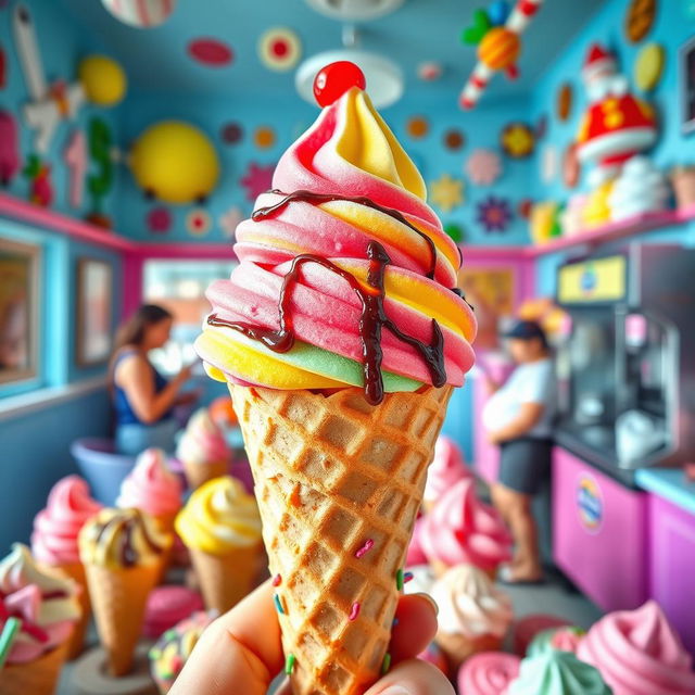 A whimsical, colorful ice cream shop overflowing with creatively shaped ice cream cones and various flavors