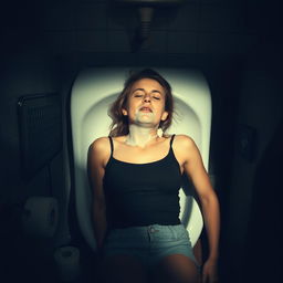 A tragic scene in a bathroom, depicting a woman found unconscious in a toilet, wearing a black tank top