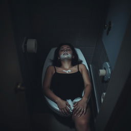 A tragic scene in a bathroom, depicting a woman found unconscious in a toilet, wearing a black tank top