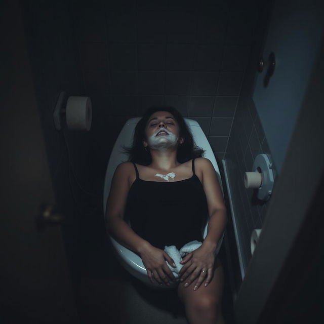 A tragic scene in a bathroom, depicting a woman found unconscious in a toilet, wearing a black tank top