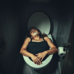 A tragic scene in a bathroom, depicting a woman found unconscious in a toilet, wearing a black tank top