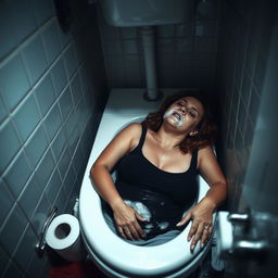 A tragic scene in a bathroom, depicting a woman found unconscious in a toilet, wearing a black tank top