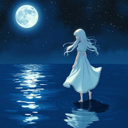 A girl with white hair and a white dress walking on dark blue water, surrounded by a night environment filled with stars twinkling in the sky