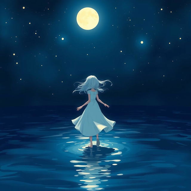 A girl with white hair and a white dress walking on dark blue water, surrounded by a night environment filled with stars twinkling in the sky