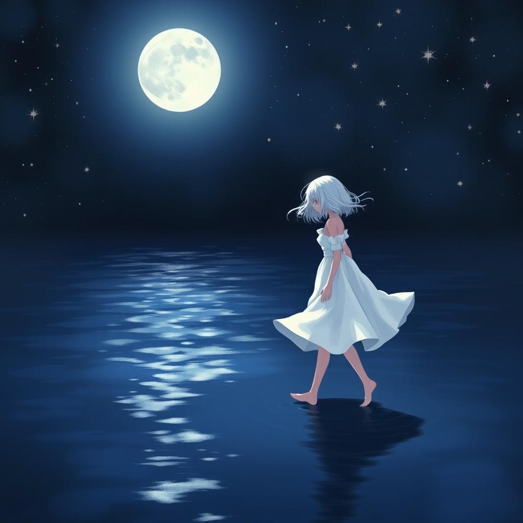 A girl with white hair and a white dress walking on dark blue water, surrounded by a night environment filled with stars twinkling in the sky