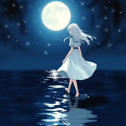 A girl with white hair and a white dress walking on dark blue water, surrounded by a night environment filled with stars twinkling in the sky