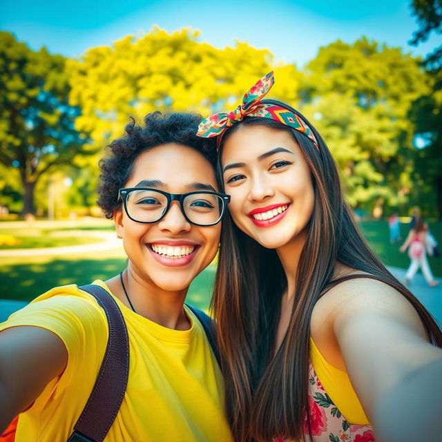 A vibrant selfie scene featuring two friends with genuine smiles, standing close together, one friend with short curly hair and glasses wearing a bright yellow t-shirt, the other with long straight hair adorned with a colorful headband, wearing a floral print dress