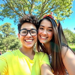 A vibrant selfie scene featuring two friends with genuine smiles, standing close together, one friend with short curly hair and glasses wearing a bright yellow t-shirt, the other with long straight hair adorned with a colorful headband, wearing a floral print dress