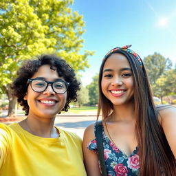 A vibrant selfie scene featuring two friends with genuine smiles, standing close together, one friend with short curly hair and glasses wearing a bright yellow t-shirt, the other with long straight hair adorned with a colorful headband, wearing a floral print dress