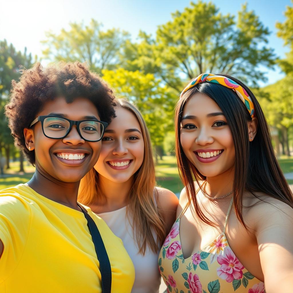 A vibrant selfie scene featuring two friends with genuine smiles, standing close together, one friend with short curly hair and glasses wearing a bright yellow t-shirt, the other with long straight hair adorned with a colorful headband, wearing a floral print dress