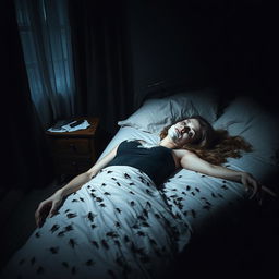 A haunting scene in a dimly lit bedroom, depicting a woman found deceased on her bed, wearing a black tank top