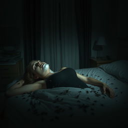 A haunting scene in a dimly lit bedroom, depicting a woman found deceased on her bed, wearing a black tank top