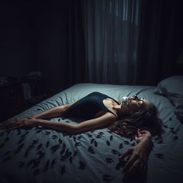 A haunting scene in a dimly lit bedroom, depicting a woman found deceased on her bed, wearing a black tank top