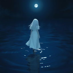 A girl with white hair wearing a white dress walking on dark blue water, surrounded by a nighttime atmosphere filled with a gentle glow of moonlight reflecting off the water surface