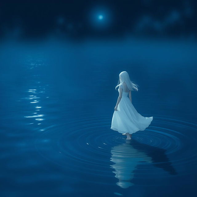 A girl with white hair wearing a white dress walking on dark blue water, surrounded by a nighttime atmosphere filled with a gentle glow of moonlight reflecting off the water surface