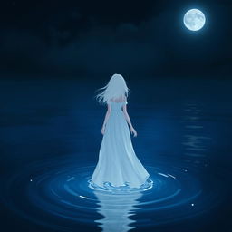 A girl with white hair wearing a white dress walking on dark blue water, surrounded by a nighttime atmosphere filled with a gentle glow of moonlight reflecting off the water surface