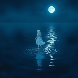 A girl with white hair wearing a white dress walking on dark blue water, surrounded by a nighttime atmosphere filled with a gentle glow of moonlight reflecting off the water surface