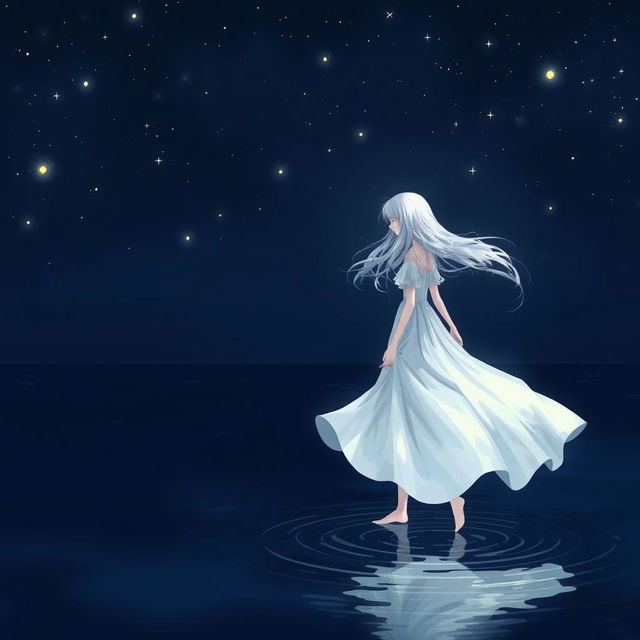 A girl with white hair wearing a flowing white dress, walking gracefully on dark blue water under a starry night sky