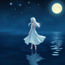 A girl with white hair wearing a flowing white dress, walking gracefully on dark blue water under a starry night sky