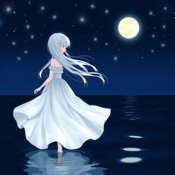 A girl with white hair wearing a flowing white dress, walking gracefully on dark blue water under a starry night sky