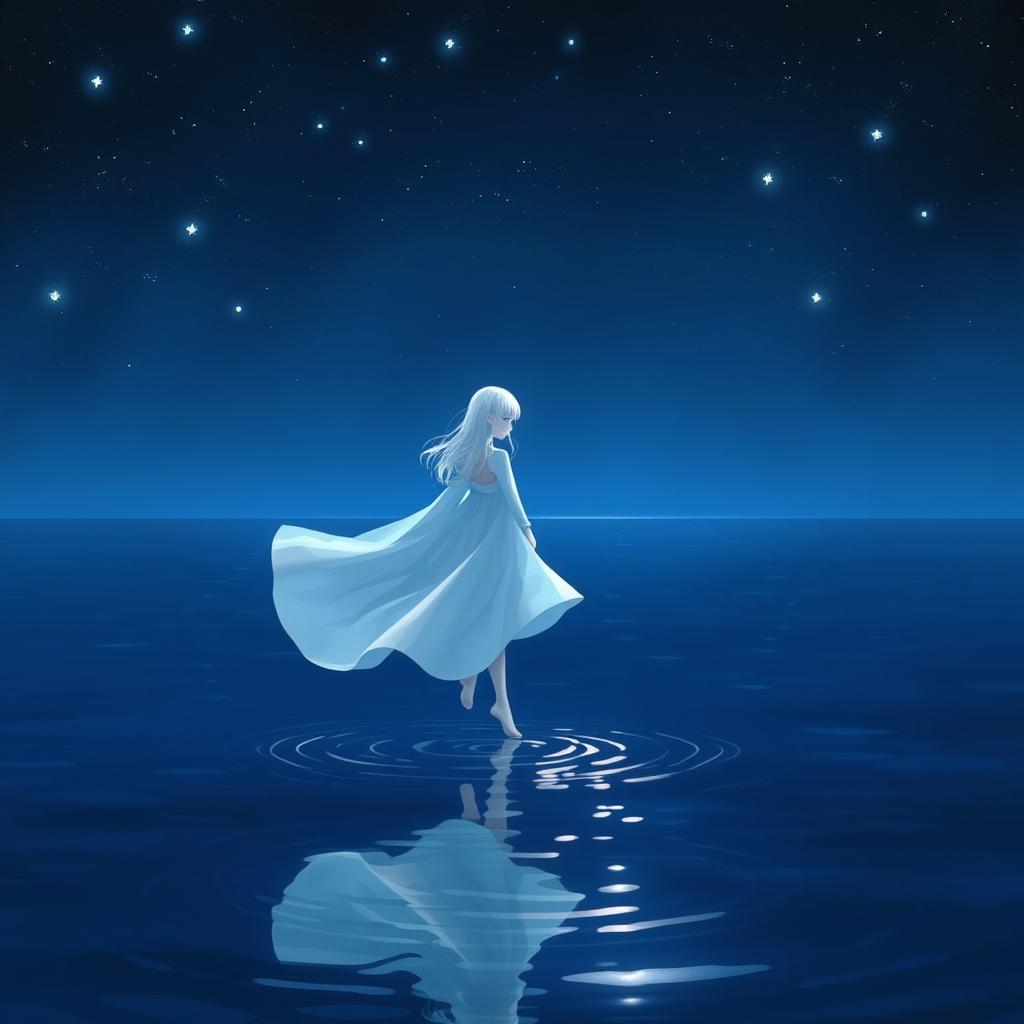 A girl with white hair wearing a flowing white dress, walking gracefully on dark blue water under a starry night sky