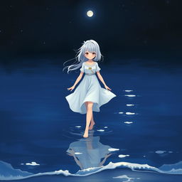 A girl with white hair wearing a flowing white dress, walking gracefully on dark blue water