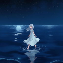 A girl with white hair wearing a flowing white dress, walking gracefully on dark blue water