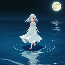 A girl with white hair wearing a flowing white dress, walking gracefully on dark blue water