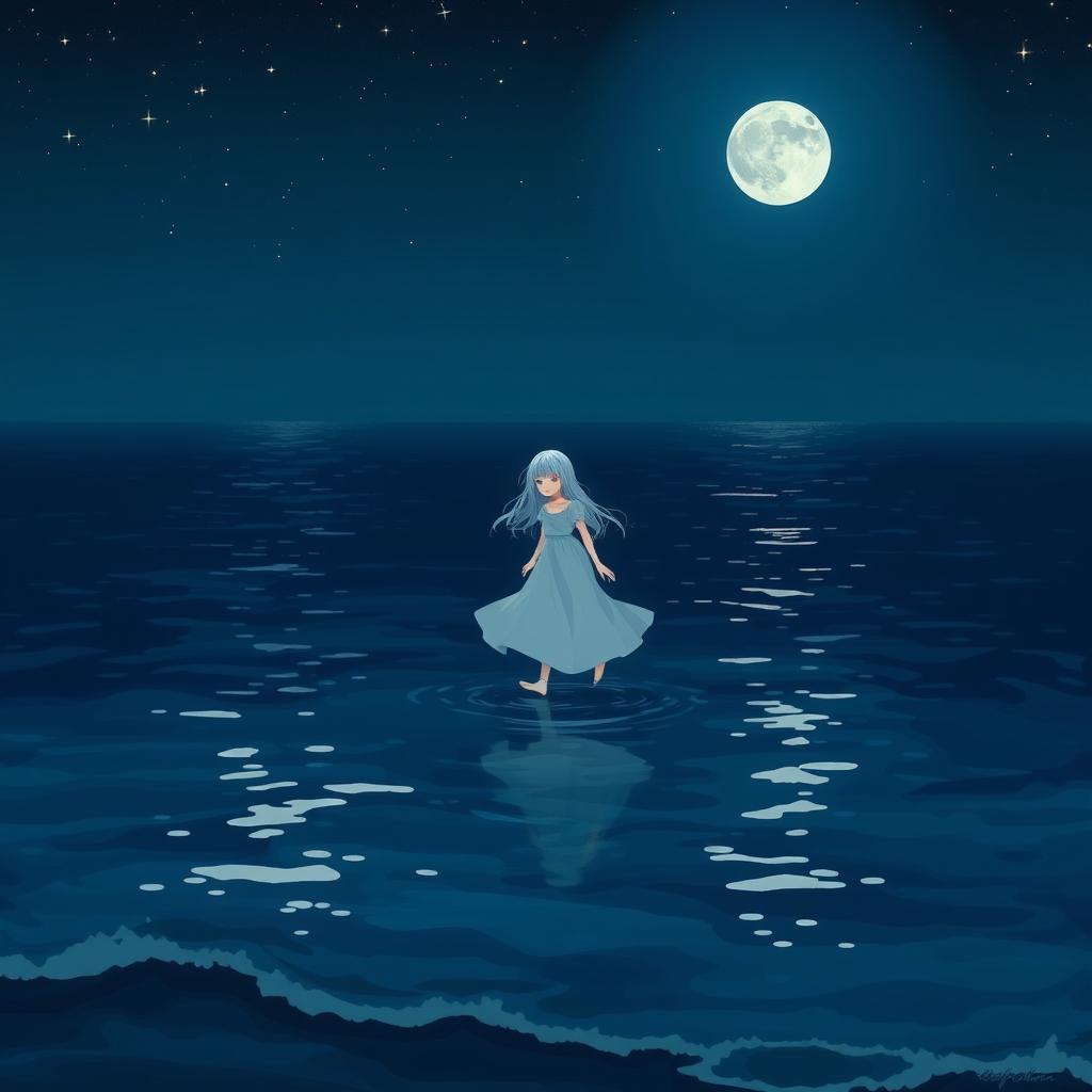 A girl with white hair wearing a flowing white dress, walking gracefully on dark blue water