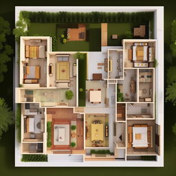 A 50'x65' house floor plan with 3 bedrooms, a living room, a drawing room, a kitchen with adjacent storage, a bathroom featuring a swimming pool, an indoor garden and courtyard, a servant's quarters, a mandir, and a two-car parking area.