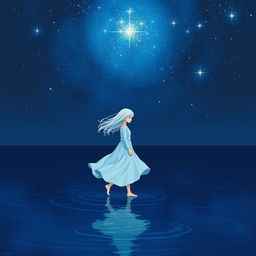 A girl with white hair wearing a flowing white dress walking on dark blue water