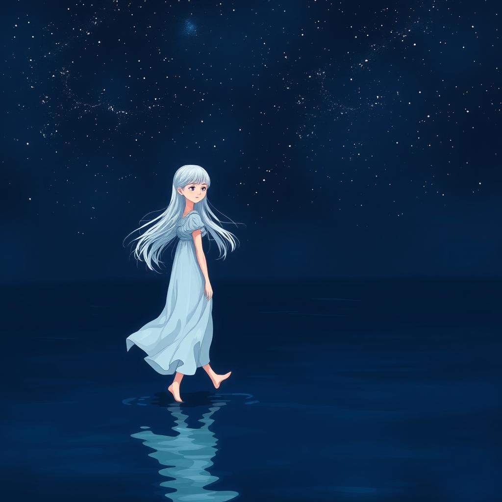 A girl with white hair wearing a flowing white dress walking on dark blue water