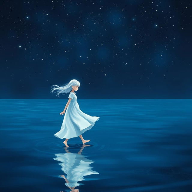 A girl with white hair wearing a flowing white dress walking on dark blue water