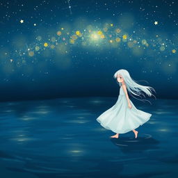 A girl with white hair wearing a flowing white dress walking on dark blue water