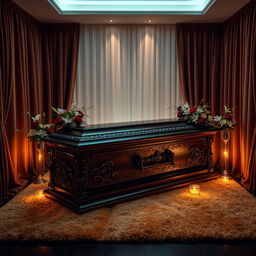 A beautifully designed coffin set inside an elegantly decorated room