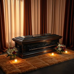 A beautifully designed coffin set inside an elegantly decorated room