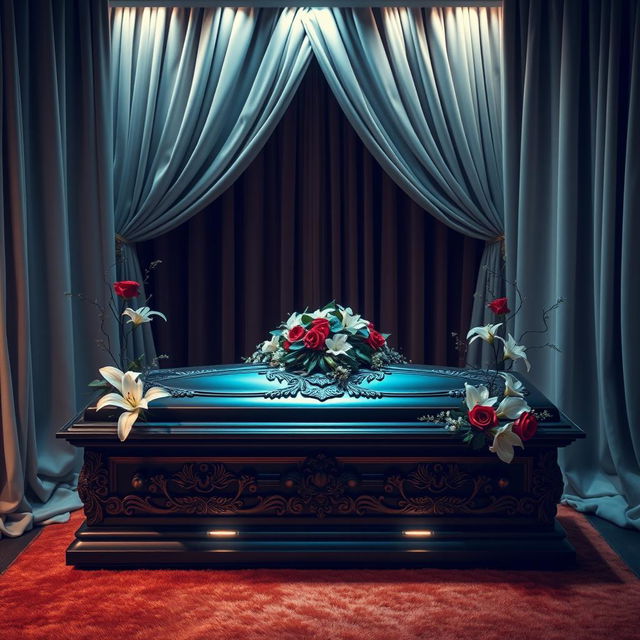 A beautifully designed coffin set inside an elegantly decorated room