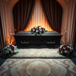 A beautifully designed coffin set inside an elegantly decorated room