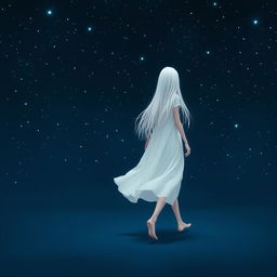 A girl with long white hair wearing a flowing white dress, walking on a dark blue surface, under a starry night sky