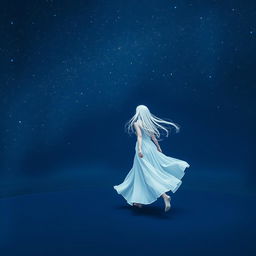 A girl with long white hair wearing a flowing white dress, walking on a dark blue surface, under a starry night sky
