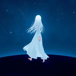 A girl with long white hair wearing a flowing white dress, walking on a dark blue surface, under a starry night sky