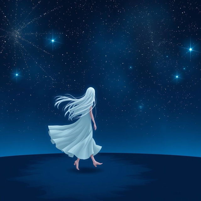 A girl with long white hair wearing a flowing white dress, walking on a dark blue surface, under a starry night sky